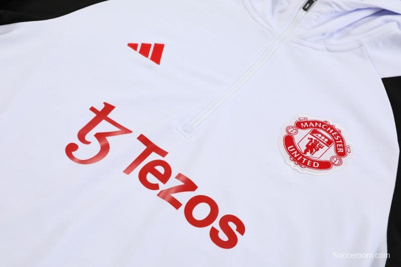 23/24 Manchester United White Hoodie Half Zipper Jacket+ Pants