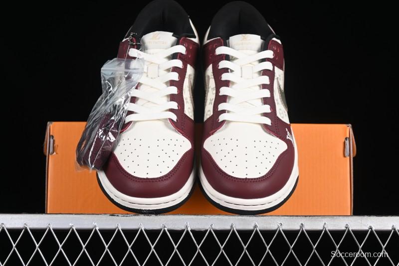 Louis Vuitton x Nike Dunk Low Customized Sneakers - Burgundy with Silver Swoosh SB Low Top Casual Skate Shoes - FC1688-188