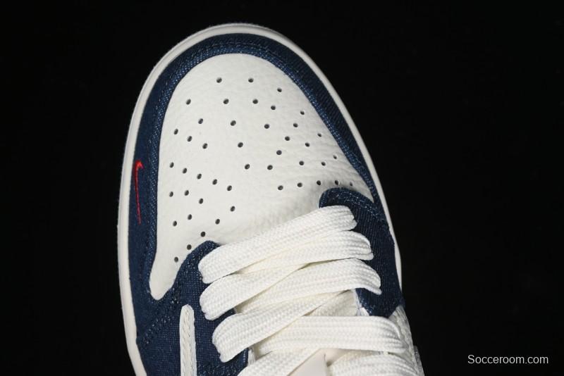 Nike Travis Scott x Fragment Design x Air Jordan 1 Low OG SP AJ1 Levi's Collaboration - White Blue Canvas Low Top Casual Sneakers - JH6088-605
