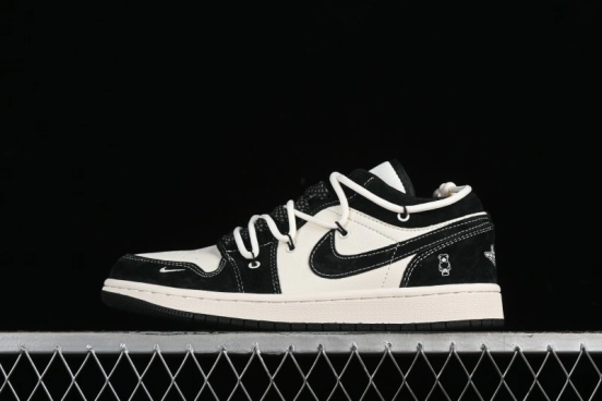 Nike Air Jordan 1 Low AJ1 x Violent Bear Collaboration - Black Beige Mark Line Custom Retro Basketball Shoes - SJ9950-013