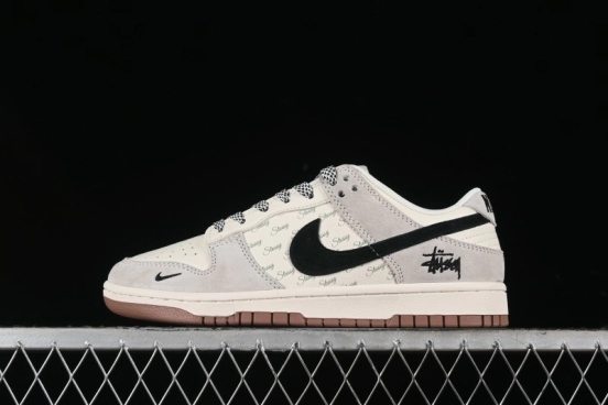 Nike SB Dunk Low Stussy Collaboration - Grey Black Checkerboard Gum Sole Anniversary Custom Low-Top Casual Skate Shoes - CF3688-031