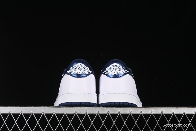 Nike Air Jordan 1 Low 85 Retro Sneakers in White with Metallic Blue Swoosh - FB9933-141