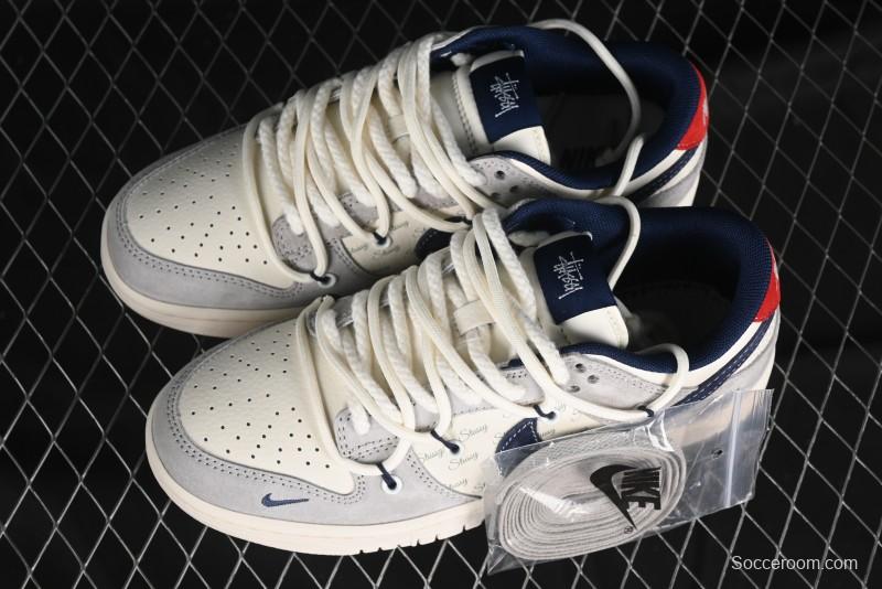 Nike SB Dunk Low Stussy Collaboration - Lace-Up Off White Navy Swoosh Anniversary High-End Custom Low-Top Casual Sneakers - SJ2068-308