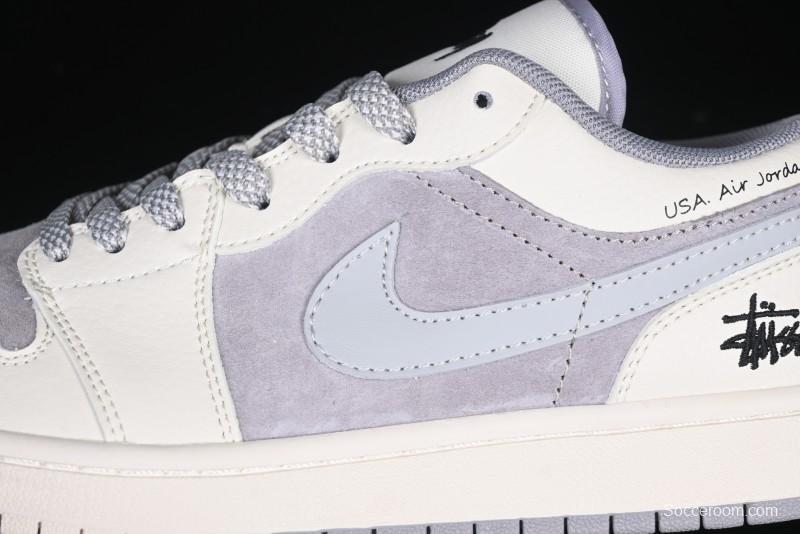 Nike Air Jordan 1 Low Stussy Collaboration - Retro Basketball Shoes in Light Grey - SJ9950-044