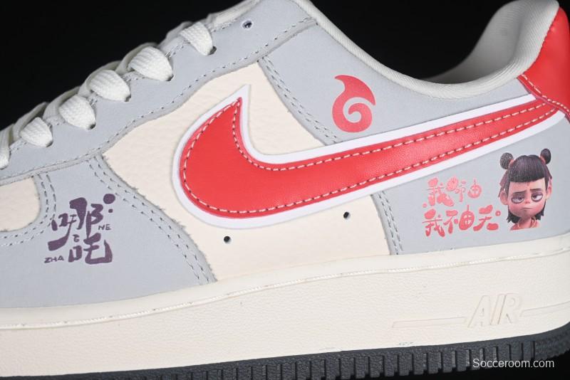 Nike Air Force 1 '07 Low Nezha Collaboration Grey Red Swoosh Casual Sneakers - DF0188-046