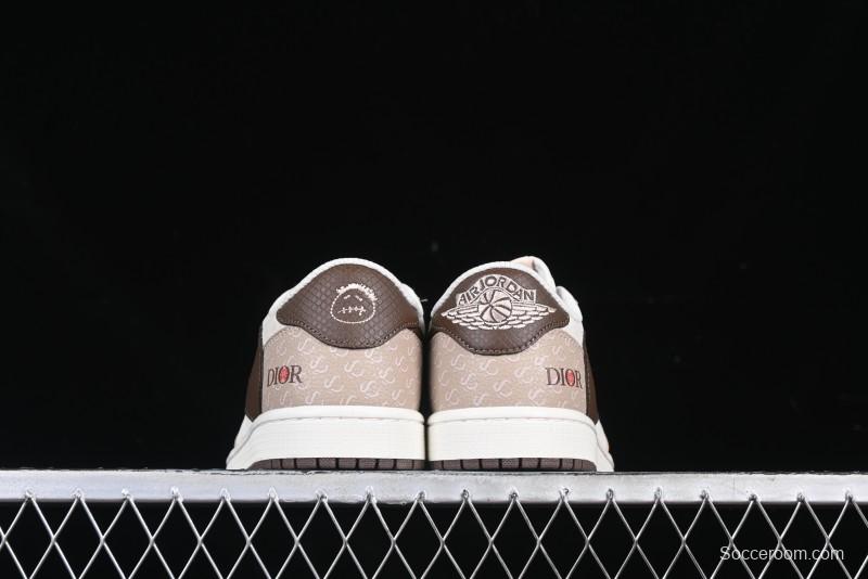 Nike Travis Scott x Fragment Design x Air Jordan 1 Low OG SP AJ1 Snake Year Limited Brown Snake Print Low Top Casual Sneakers - DM7866-074