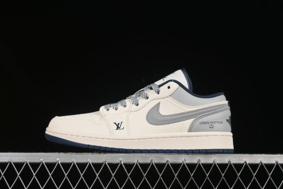 Nike Air Jordan 1 Low LV Collaboration Retro Basketball Shoes with Smoke Grey 3D Swoosh - XS6086-557