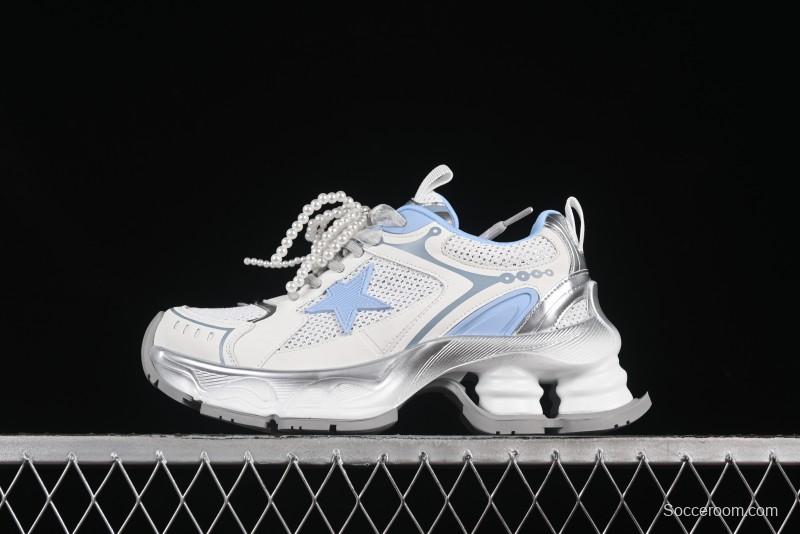 GG-CC Star Same Style Lace-Up Hollow Out Dad Shoes with 5cm Hidden Height Increase - G25X269 White Blue