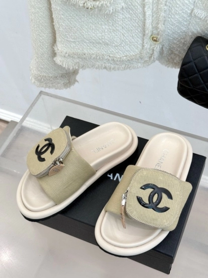 2025 Slippers Chanel Beige Fabric Slippers KFY00220