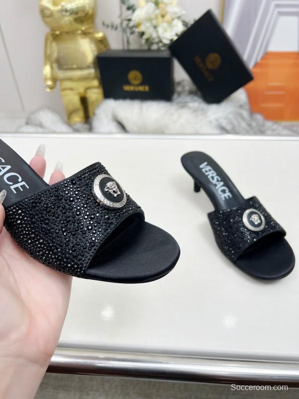 2025 Women VERSACE Black Silk Rhinestone Square Toe Sandals MJ00230
