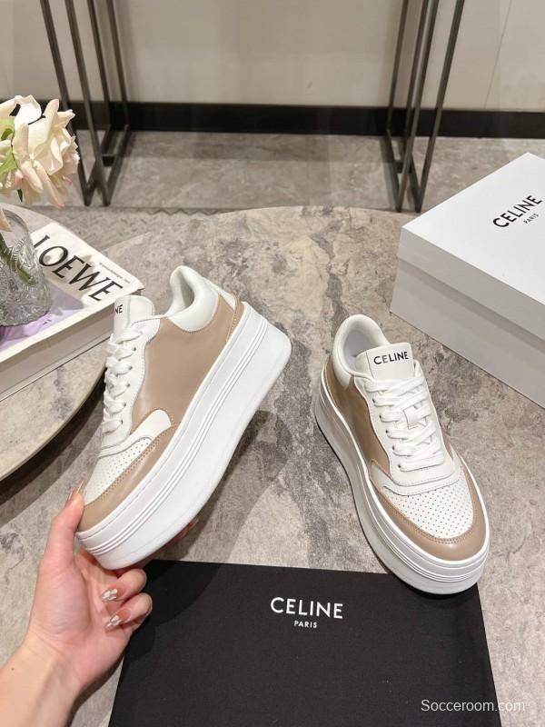 2025 Women Celine Beige White Leather Platform Sneakers