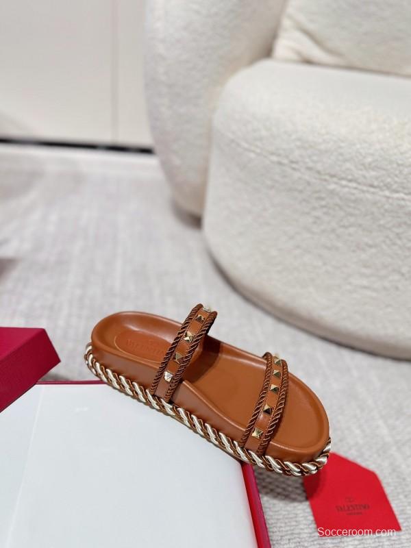 2025 Women Valentino Brown Leather Sandals Braided Rope Sole LY00250