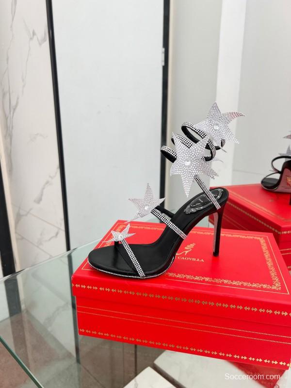 2025 Women RC Black Silver Silk Crystal High Heel Spiral Lace Sandals LY00340