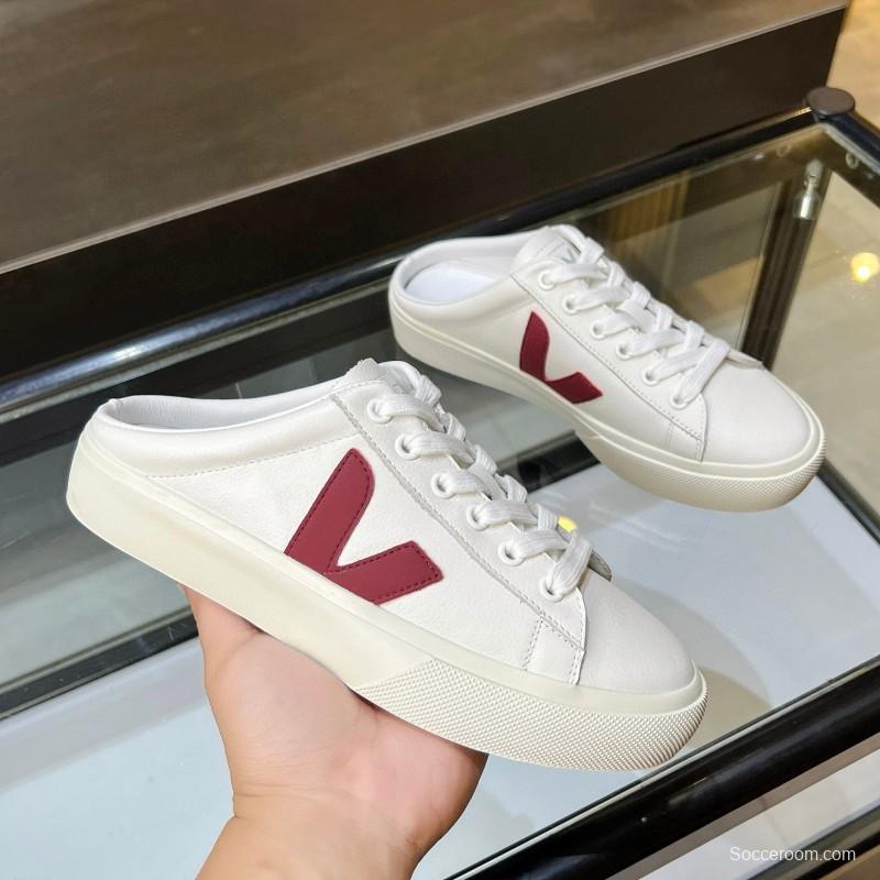 2025 Women VEJA White Burgundy Canvas Leather Slip-On Sneakers