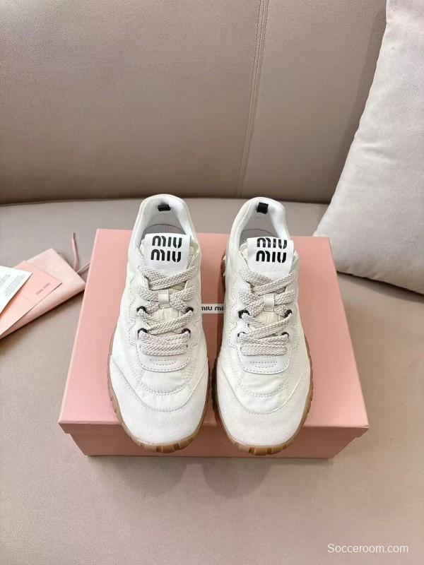 2025 Women Miu Miu White Beige Leather Nylon Casual Shoes KFY00280