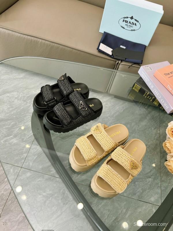 2025 Prada Black Woven Leather Slippers LY00290