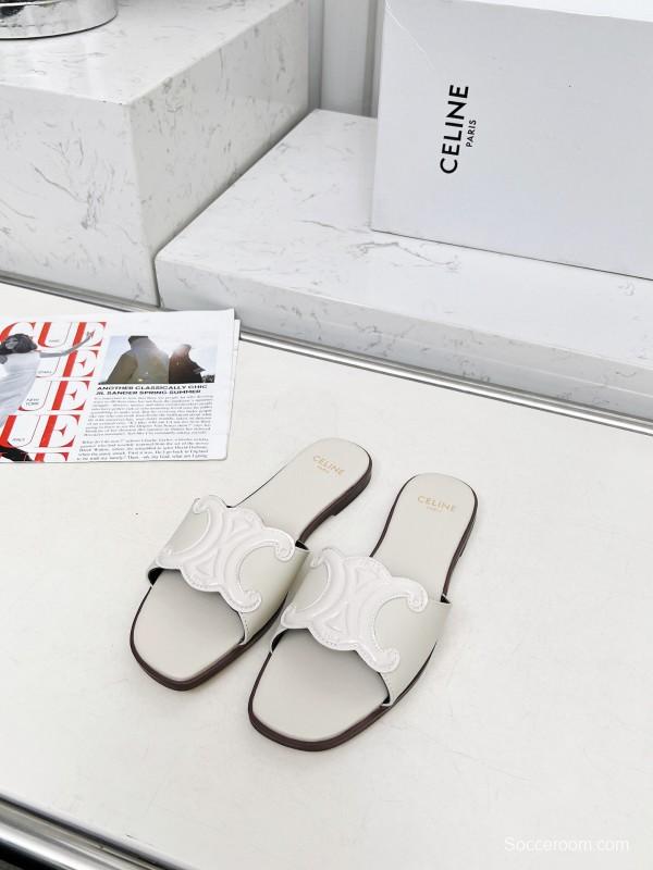 2025 Women Celine White Leather Slippers