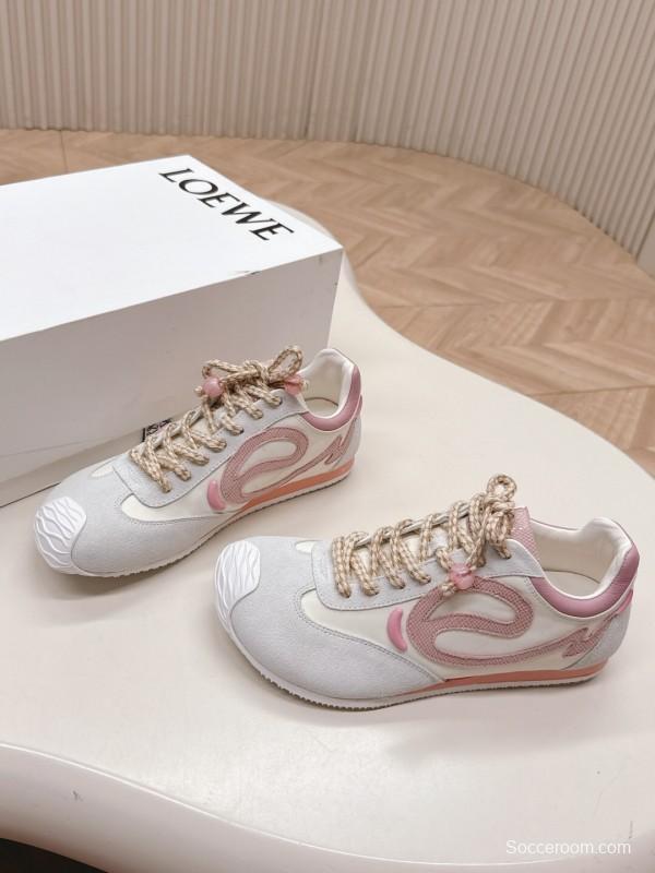 2025 Women Loewe Pink White Leather Balletrunner Ballet Sneakers KFY00300(F)