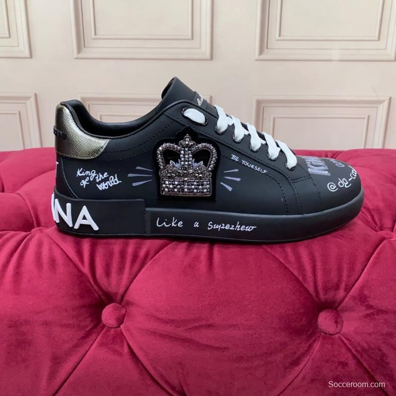 2025 Men Dolce & Gabbana Black Silk Leather Sneakers Crown Embellishment LY00360