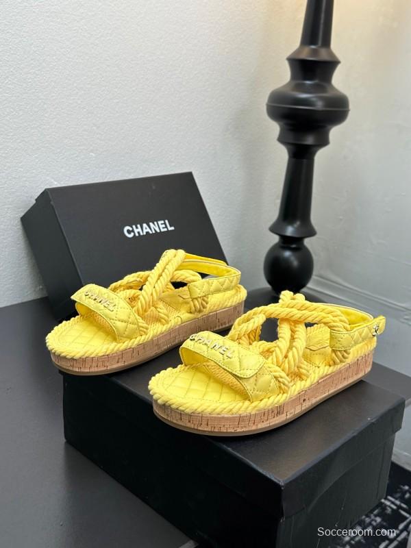 2025 Slippers Chanel Yellow Rope Cork Sole Sandals LY00260