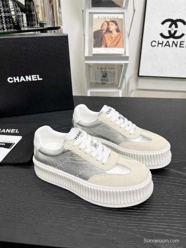 2025 Women Chanel White Silver Suede Leather Sneakers LY00270