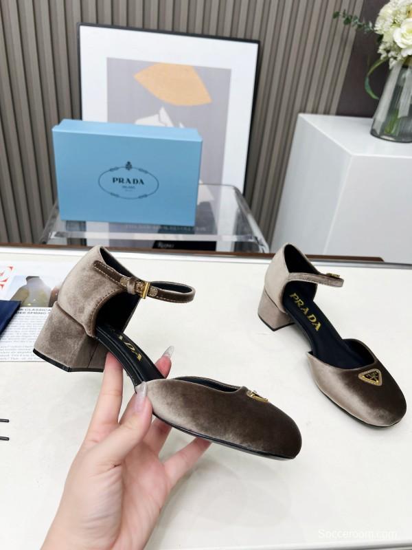 2025 Women Prada Brown Velvet Mary Jane Shoes