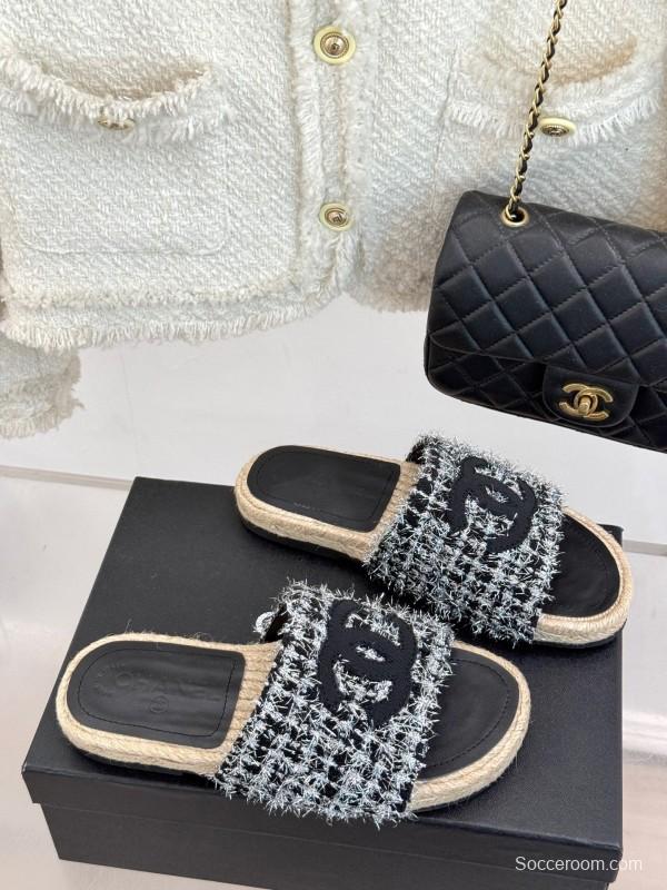 2025 Slippers Chanel Black White Tweed Espadrille Handcrafted KFY00230