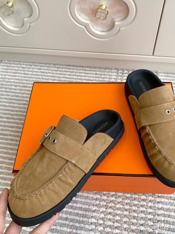 2025 Women Hermès Light Brown Suede Mule Handmade KFY00290