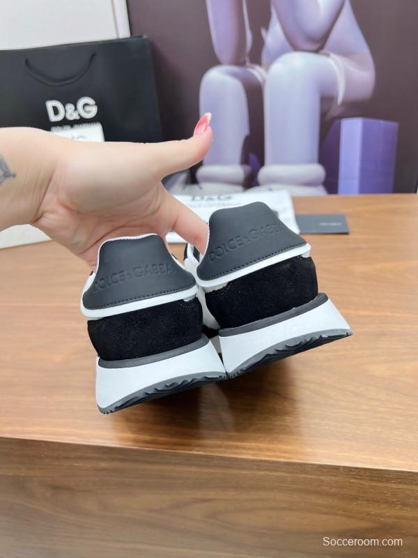 2025 Unisex Dolce & Gabbana Black White Mesh Suede Sneakers LY00300