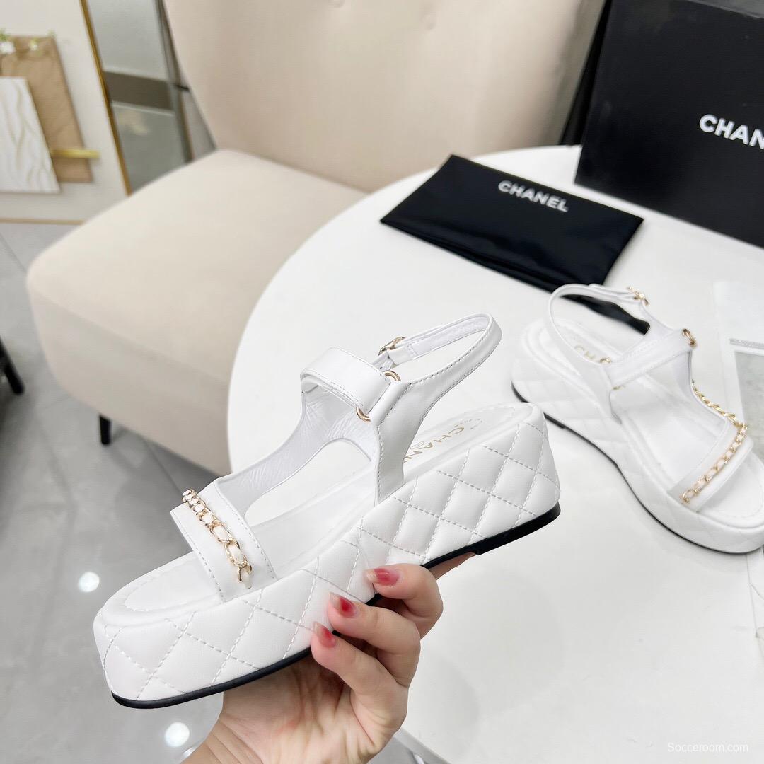 2025 Women Chanel White Leather Sandals Chain LY00260