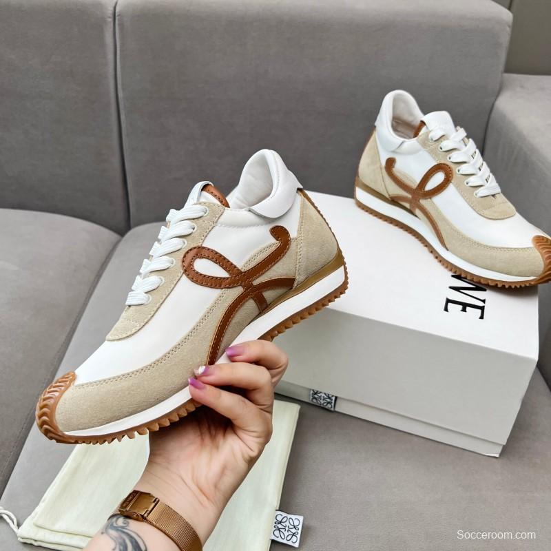 2025 Unisex Loewe White Beige Brown Leather Fabric Sneakers LY00270