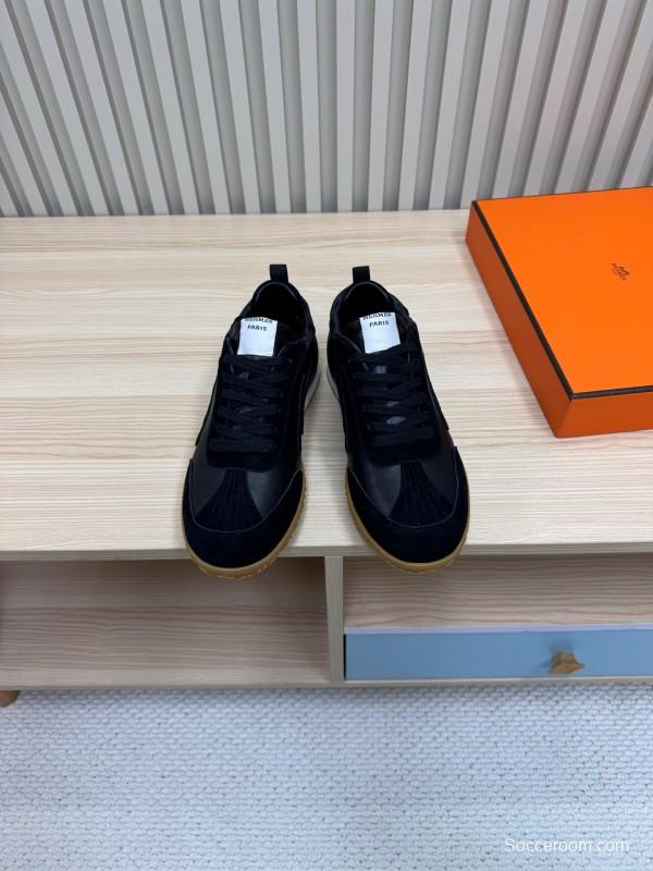 2025 Unisex Hermès Black Brown Suede Goat Leather Down Fabric Sneakers Top Version KFY00300