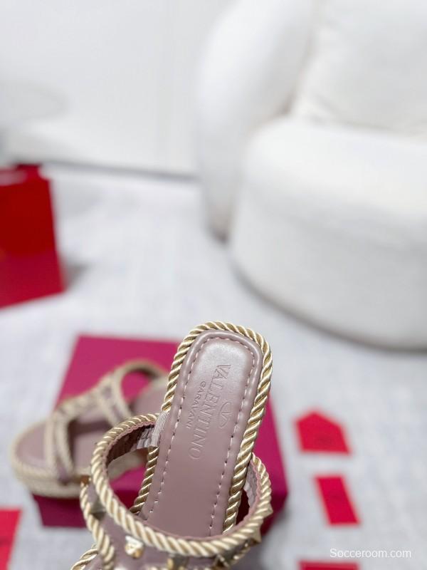 2025 Women Valentino Beige Rope Leather Wedge Sandals LY00290