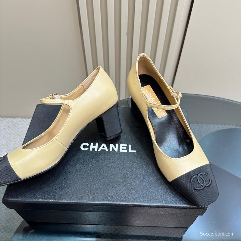 2025 Women Chanel Beige Black Leather Mary Jane Shoes KFY00290
