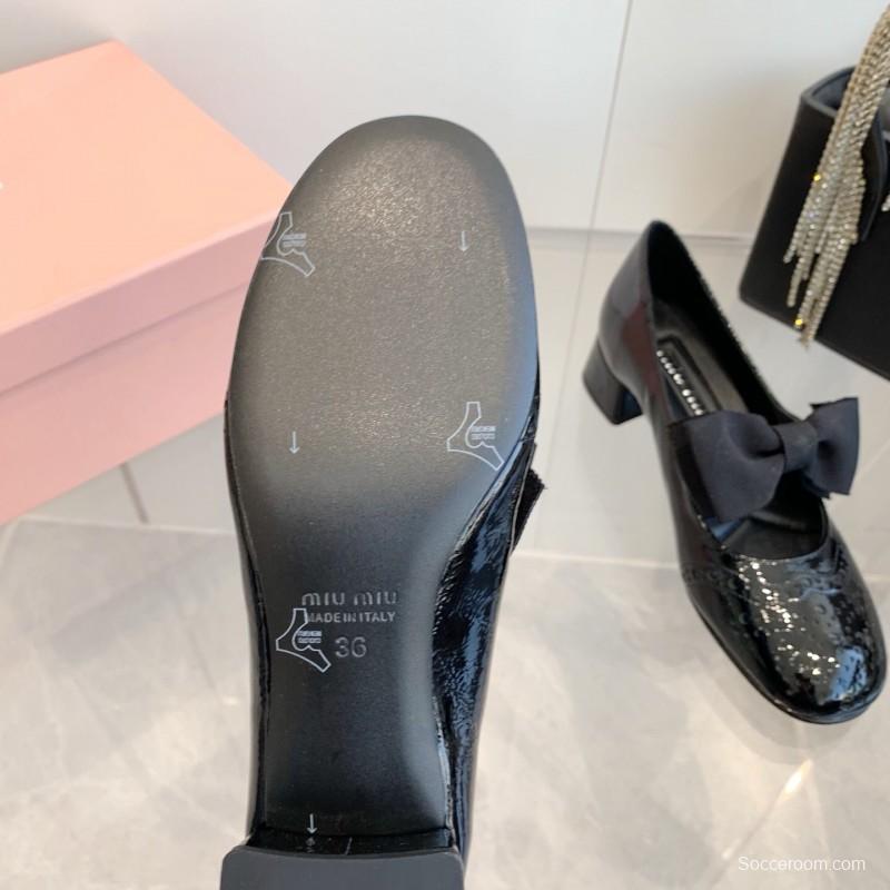 2025 Women Miu Miu Black Patent Leather Mary Jane Bow KFY00280