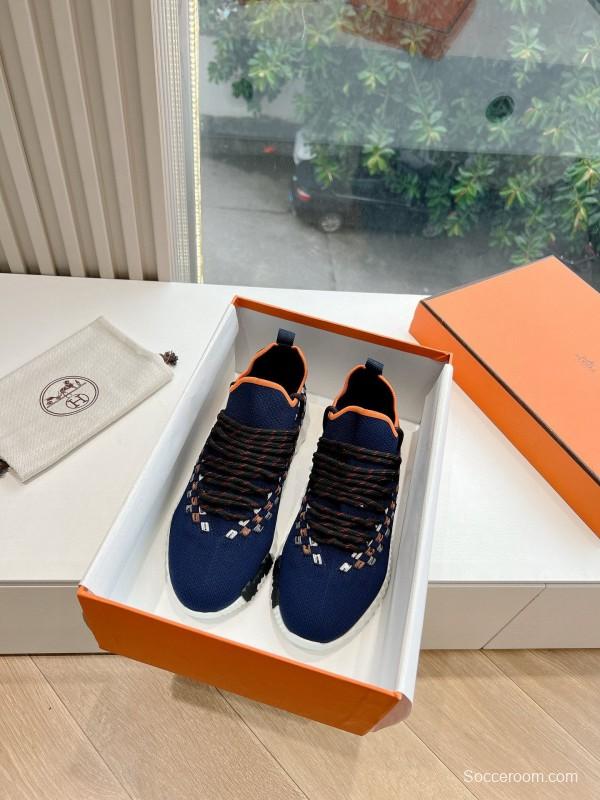 2024 Unisex Hermès Navy Orange Knit Leather Sneakers