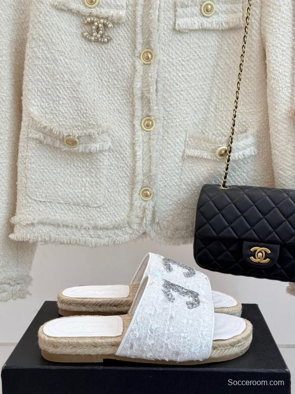 2025/Women Chanel White Lace Espadrille Slide Sandals Handwoven Jute Sole KFY00240(F)