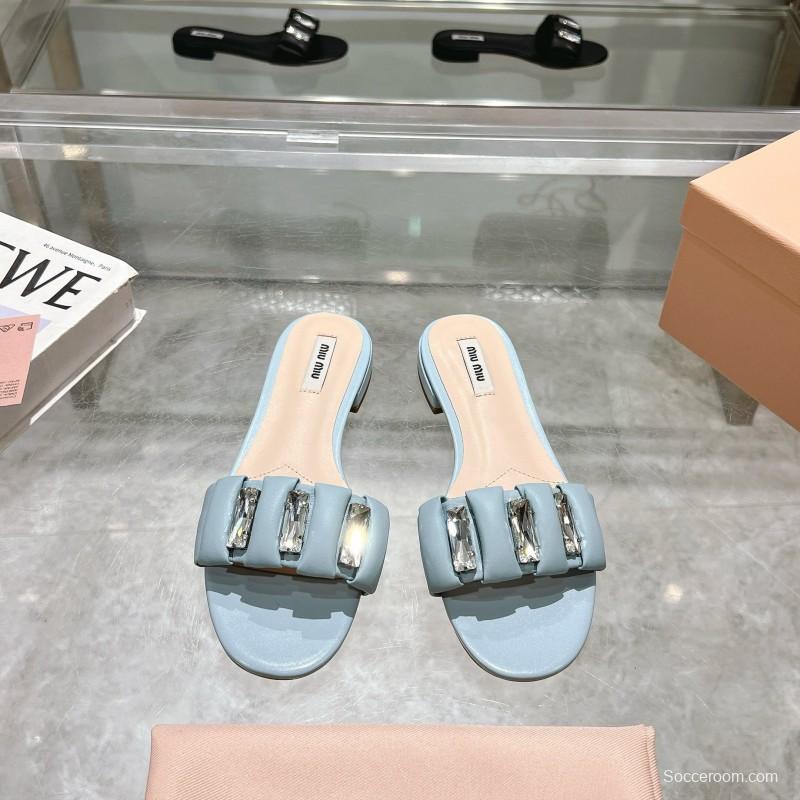 2025 Women Miu Miu Light Blue Leather Slippers