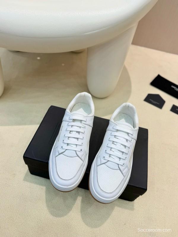 2024 Unisex Yves Saint Laurent White Silk Leather Sneakers Gold Hole Punch MJ00350