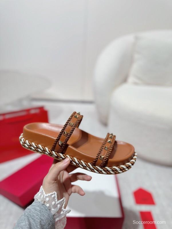 2025 Women Valentino Brown Leather Sandals Braided Rope Sole LY00250