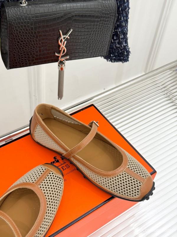 2025 Women Hermès Beige Mesh Leather Mary Jane