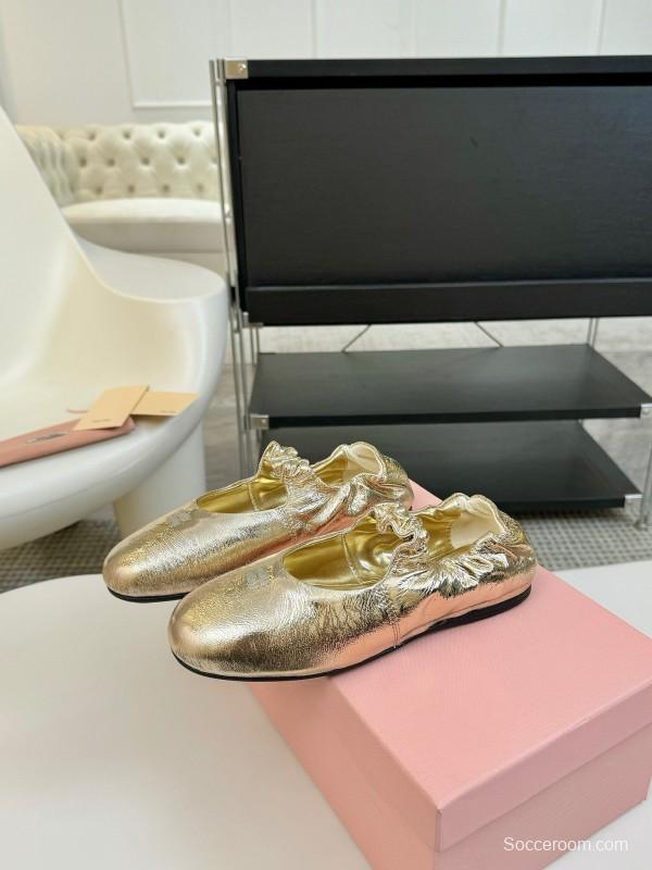2025 Women Miu Miu Gold Leather Ballet Flats