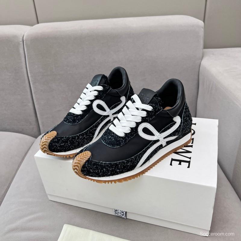 2025 Women Loewe Black White Leather Fabric Sneakers