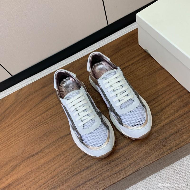 2025 Women Brunello Cucinelli White Silver Mesh Leather Sneakers