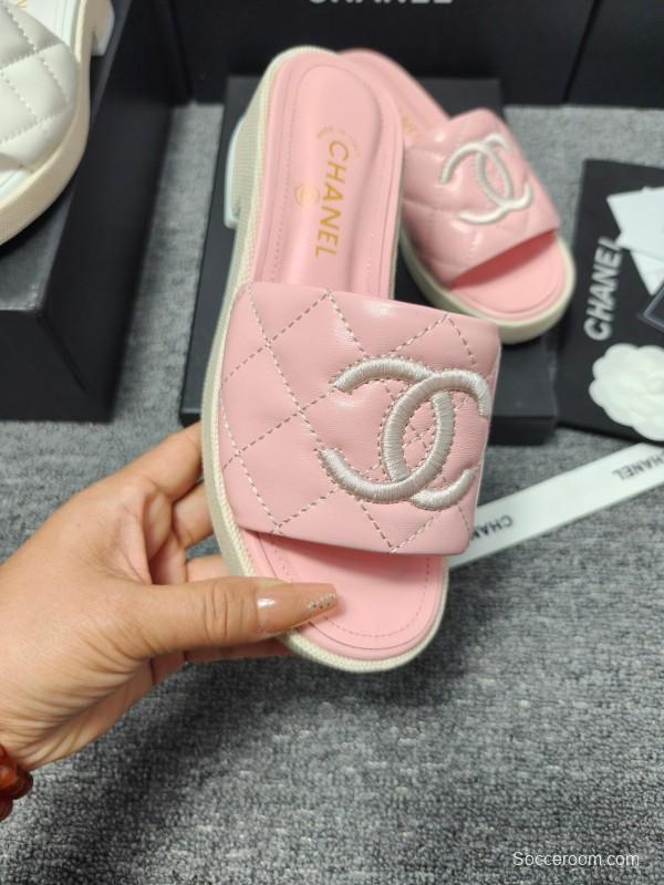 2025 Women Chanel Pink Leather Slippers