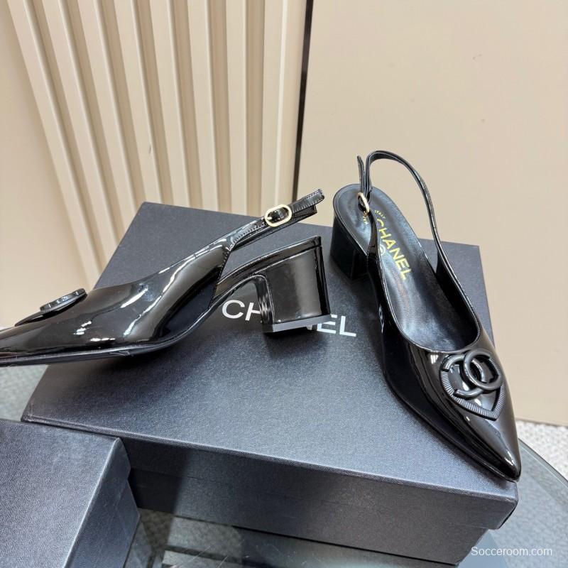 2025 Women Chanel Black Patent Leather Slingback Pumps