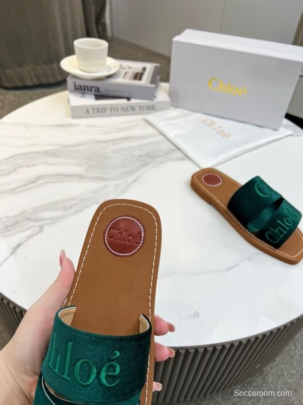 2025 Women Chloé Green Velvet Slippers