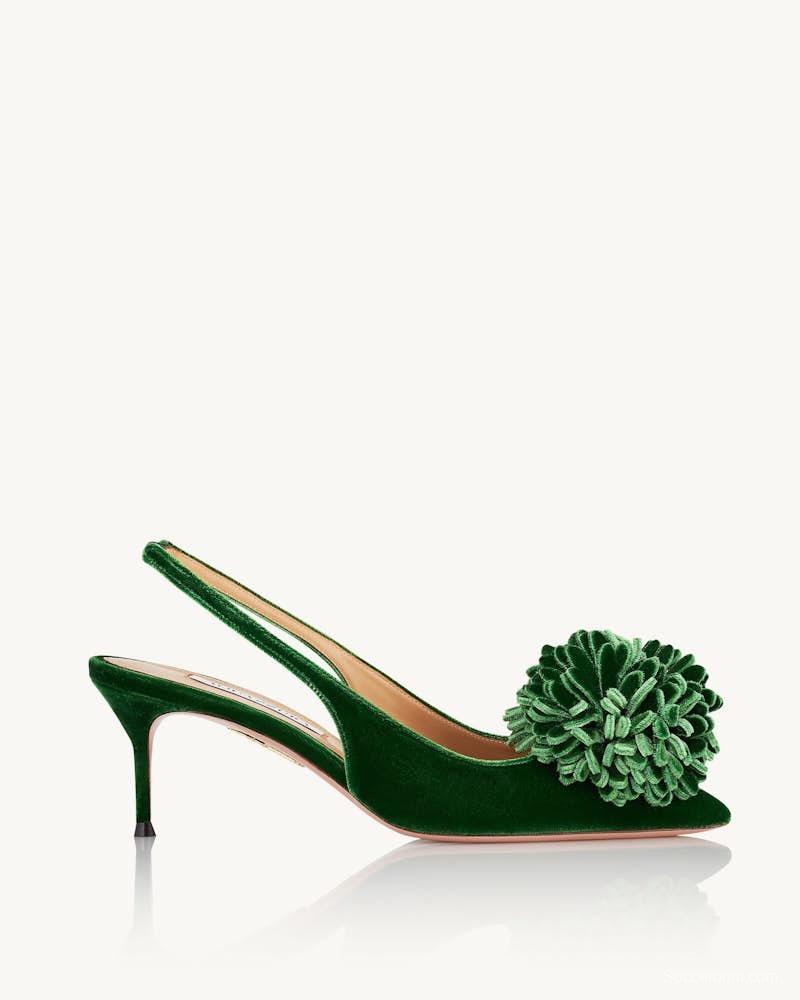 2025 Women Aquazzura Green Velvet Slingback Pumps