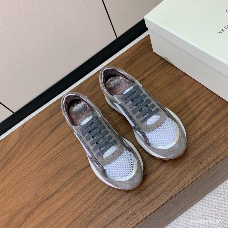 2025 Unisex Brunello Cucinelli Grey White Suede Mesh Leather Sneakers Handcrafted Beaded Chain KFY00310