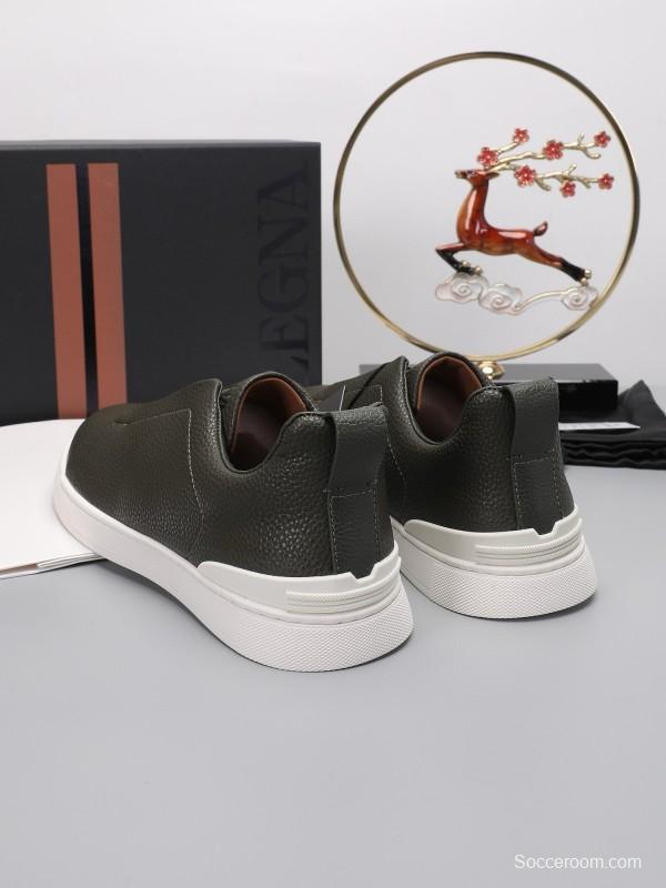 2024 Men Ermenegildo Zegna Dark Green Leather Sneakers MJ00240